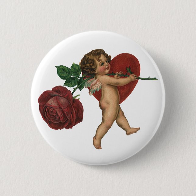 Vintager Viktorianischer Valentintagskorb und Rose Button (Vorderseite)