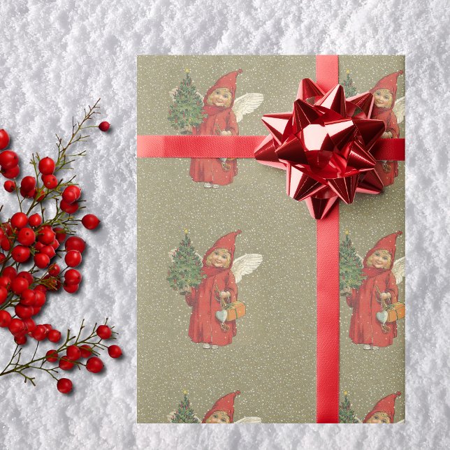Vintager Viktorianischer Weihnachtsbaum Geschenkpapier (Victorian little angel girl red cape decoration tree snow on Tan Christmas wrapping paper roll.)