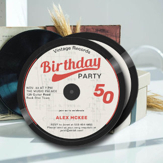 Vintager Vinyl Record Schwarz-weiß Red 50. Geburts Einladung