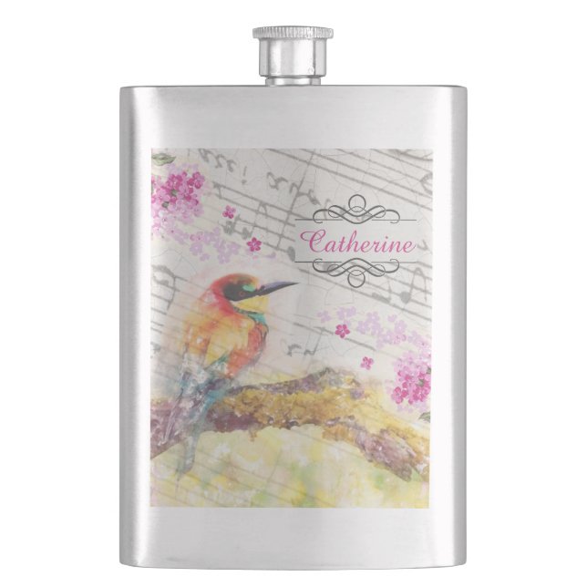 Vintager Vogel auf Baumrosa Blume entmutigen Flachmann (Vorderseite)