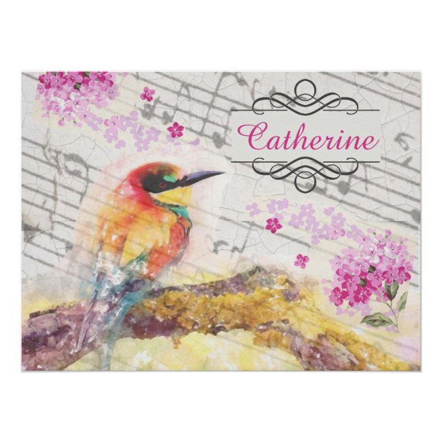 Vintager Vogel auf Baumrosa Blume entmutigen Poster (Vorderseite)