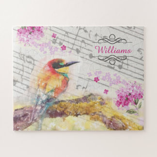 Vintager Vogel auf Baumrosa Blume entmutigen Puzzle