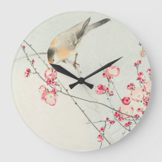 Vintager Vogel auf Blütenzweig Große Wanduhr