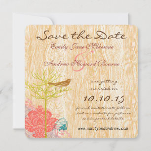 Vintager Vogel auf Holzkörnchen Hochzeit speichern Save The Date