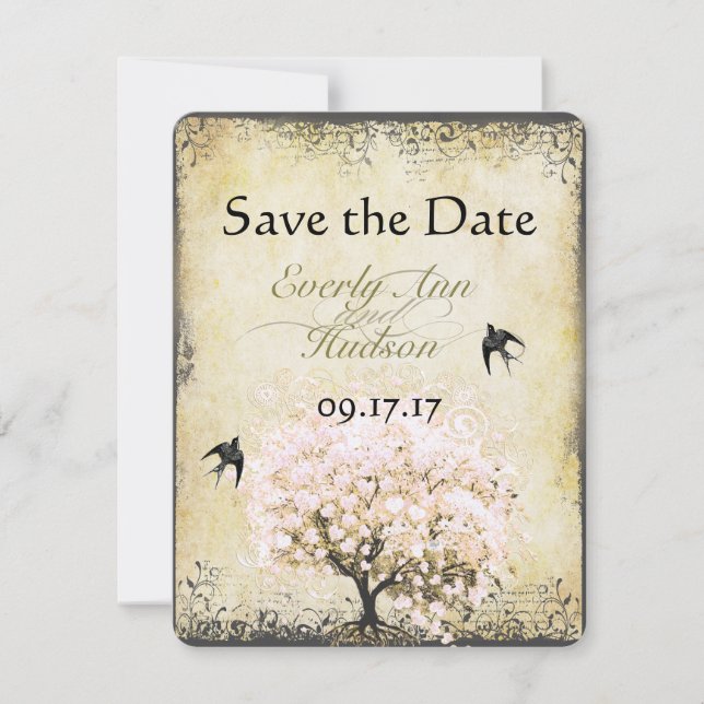 Vintager Vogel aus Herzleder, rosa Tree, Save the  Date (Vorderseite)