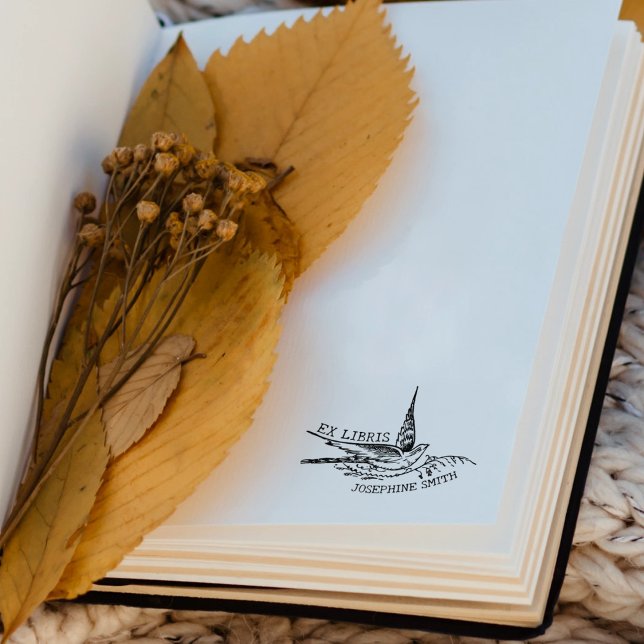 Vintager Vogel, Bibliothek und Libris Gummistempel (Von Creator hochgeladen)