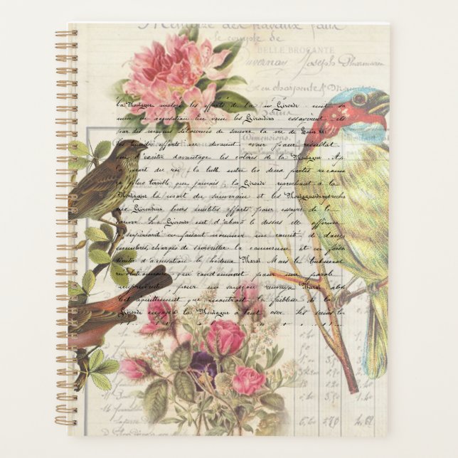 Vintager Vogel-Decoupage Botanische Ephemonie Planer (Vorderseite)