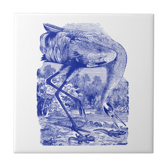 Vintager Vogel, der Whooping Kran | Blau-| Fliese (Vorderseite)