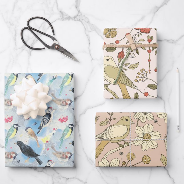 Vintager Vogel-Geburtstag Klassiker Schönes Tier Geschenkpapier Set (Vorderseite)