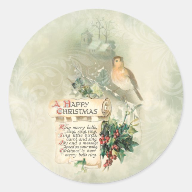 Vintager Vogel, Holly & Happy Weihnachtscroll Runder Aufkleber (Vorderseite)