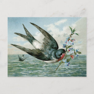 Vintager Vogel mit blühender Zweigstelle Postkarte