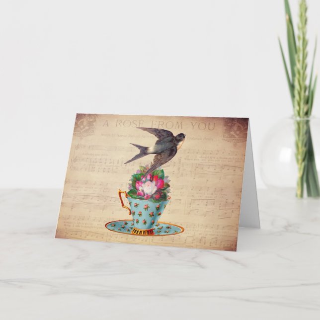 Vintager Vogel, Rose und Teacup Karte (Vorderseite)