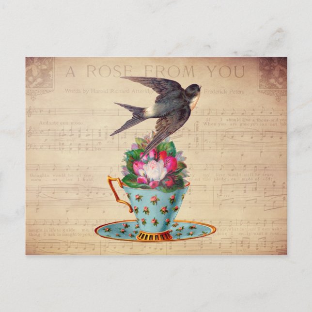 Vintager Vogel, Rose und Teacup Postkarte (Vorderseite)