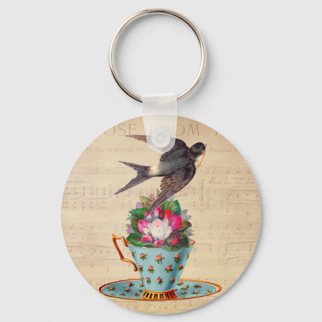 Vintager Vogel, Rose und Teacup Schlüsselanhänger (Vorderseite)