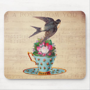 Vintager Vogel, Rosen und Teacup Mousepad