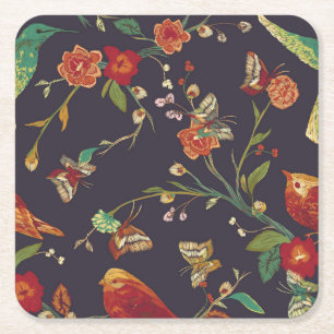 Vintager Vogel, Schmetterling, Stickerei Wasserfar Rechteckiger Pappuntersetzer