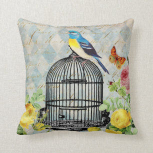 Vintager Vogel und Rosenthrow-Kissen Kissen