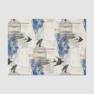 Vintager Vogelbirdcage-blaues Blumen-Seidenpapier Seidenpapier