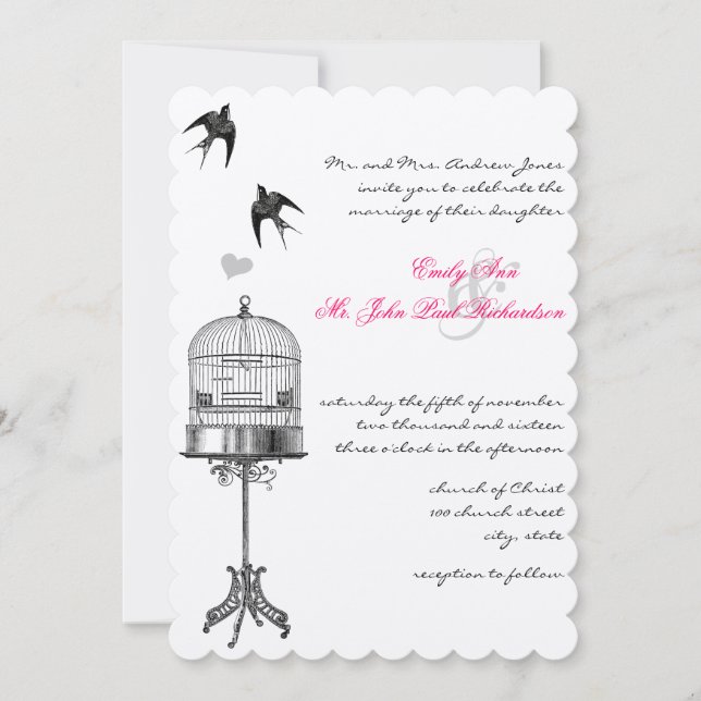 Vintager Vogelkäfig Rosa Akzente Hochzeitseinladun Einladung (Vorderseite)