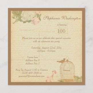 Vintager Vogelkäfig & Rose 100. Geburtstag Einladung