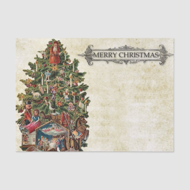Vintager, vollständig dekorierter Weihnachtsbaum m Seidenpapier (Vorderseite)