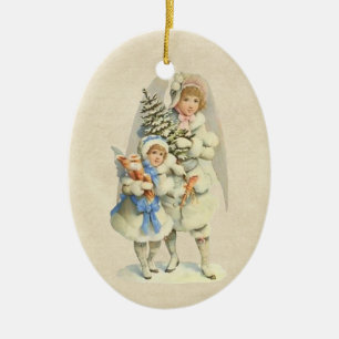 Vintager Wächter-Engel mit Baum u. kleinem Mädch Keramik Ornament