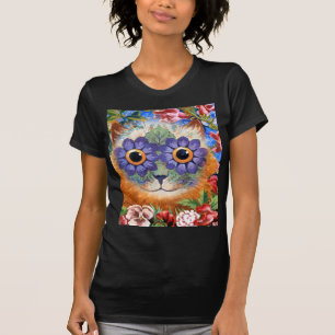 Vintager Wain Blumen-Katzen-Kunst-T - Shirt