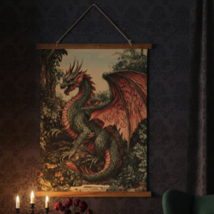 Vintager Walddrache Wandteppich Mit Holzrahmen