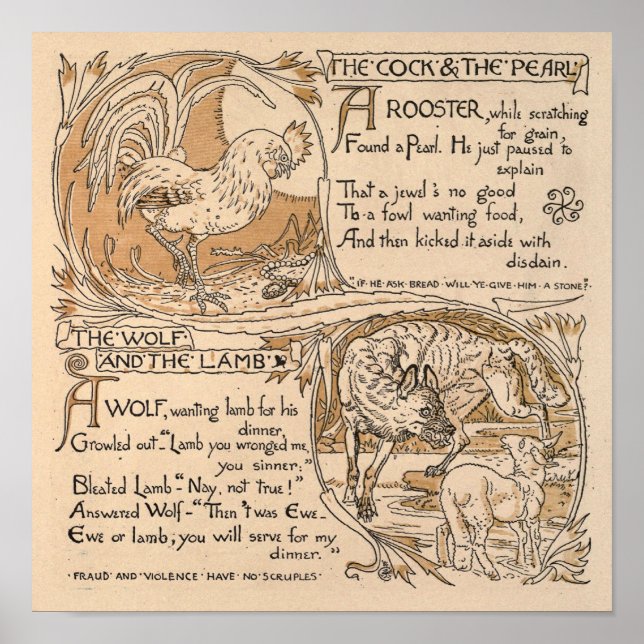 Vintager Walter Crane: Rooster & Pearl Wolf & Lamb Poster (Vorne)