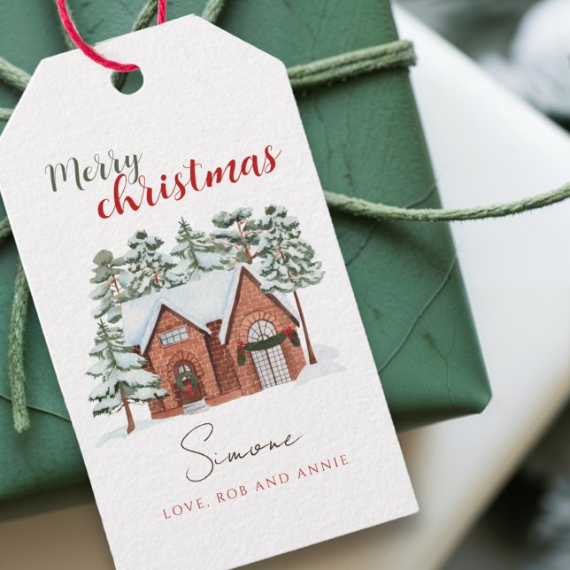 Vintager Wasserfarben Roter Grüner Weihnachtsbaum Geschenkanhänger (Von Creator hochgeladen)