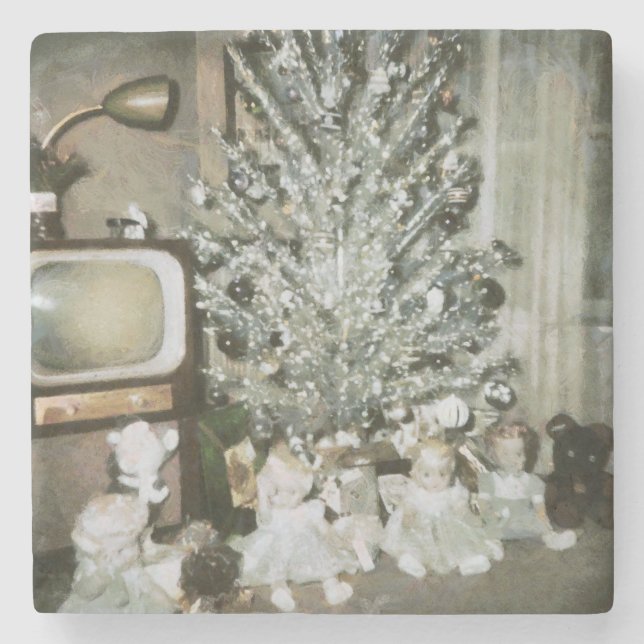 Vintager Weihnachtsbaum aus Aluminium mit Altspiel Steinuntersetzer (Vorderseite)