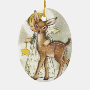 Vintager Weihnachtsengel mit Baby-Rotwild Keramikornament