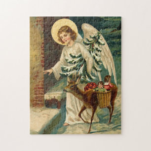 Vintager Weihnachtsengel mit Rotwild Puzzle