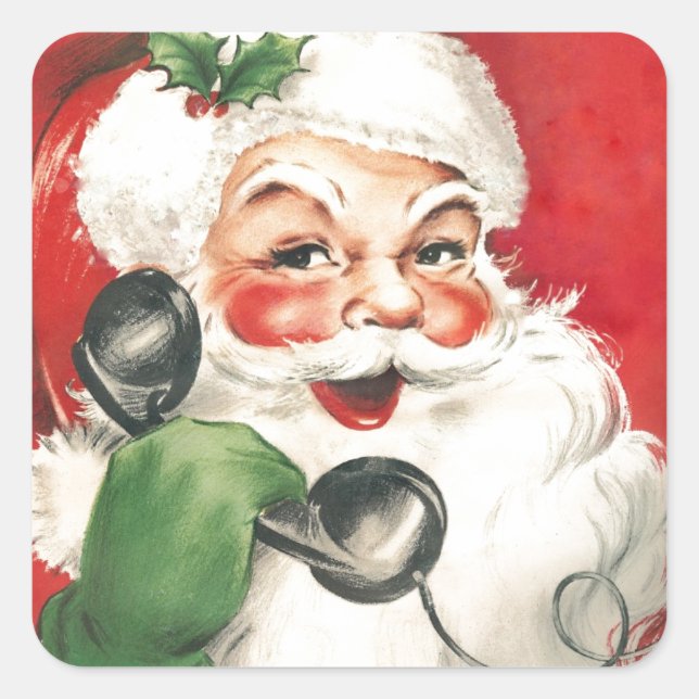 Vintager Weihnachtsmann am Telefon Quadratischer Aufkleber (Vorderseite)