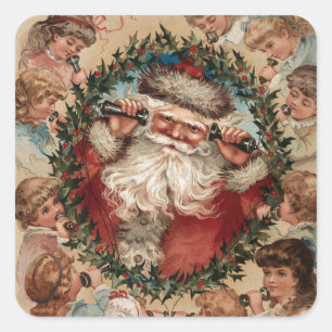 Vintager Weihnachtsmann am Telefon Quadratischer Aufkleber