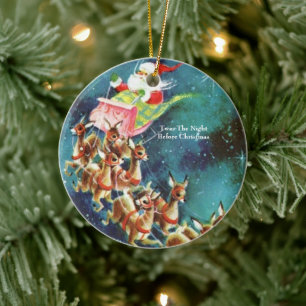 Vintager Weihnachtsmann fliegt Rentier über Häuser Keramik Ornament