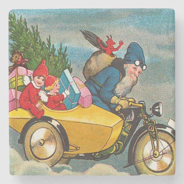 Vintager Weihnachtsmann für Motorradfahrer Steinuntersetzer (Vorderseite)