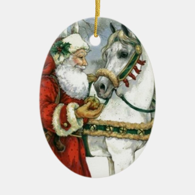 Vintager Weihnachtsmann Füttre sein Weiße Pferd Keramikornament (Vorne)