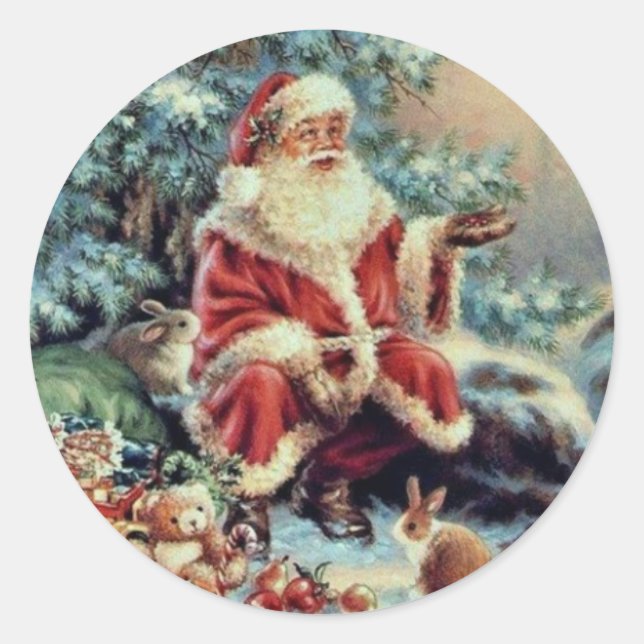Vintager Weihnachtsmann Füttre Vögel und Kaninchen Runder Aufkleber (Vorderseite)