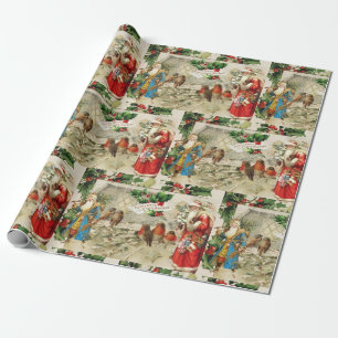 Vintager Weihnachtsmann, Holly Berry und VogelColl Geschenkpapier