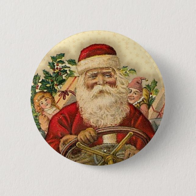Vintager Weihnachtsmann im Auto: Schaltflächen Button (Vorderseite)