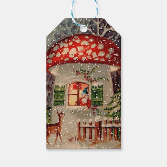 Vintager Weihnachtsmann im Mushroom-Haus Geschenkanhänger (Vorderseite)