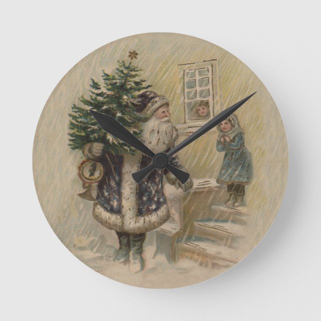 Vintager Weihnachtsmann im Schnee Runde Wanduhr (Vorderseite)