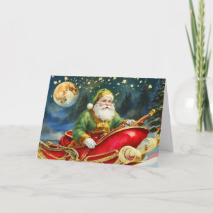 Vintager Weihnachtsmann im Sleigh, Goldener Mond, Feiertagskarte
