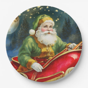 Vintager Weihnachtsmann im Sleigh, Goldener Mond, Pappteller