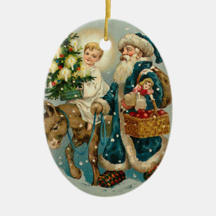 Vintager Weihnachtsmann in blauen Ornamenten Keramikornament