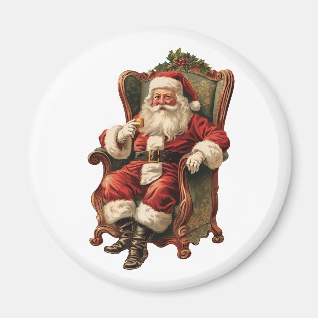 Vintager Weihnachtsmann in einem gemütlichen Stuhl Magnet (Vorne)