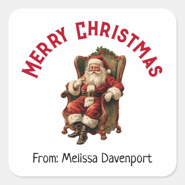 Vintager Weihnachtsmann in einem gemütlichen Stuhl Quadratischer Aufkleber (Vorderseite)
