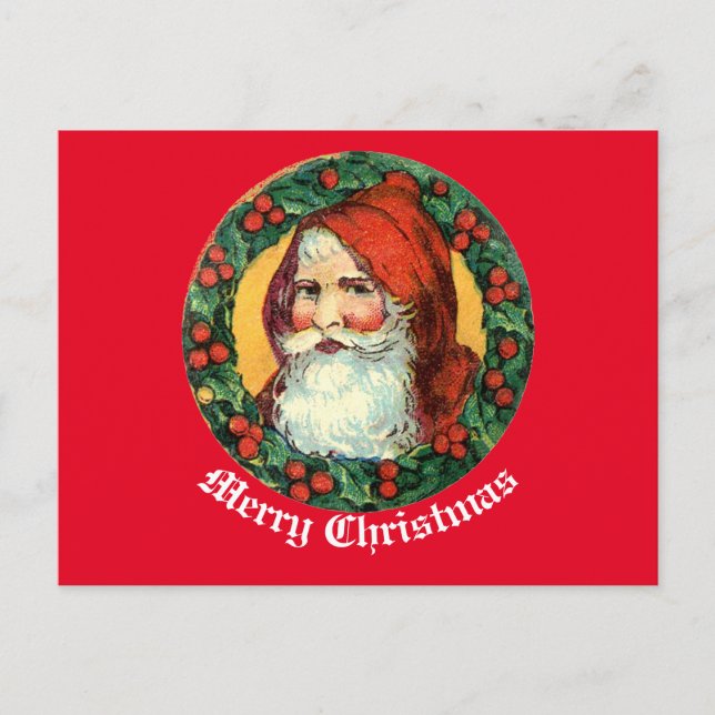 Vintager Weihnachtsmann in Kranz Postkarte (Vorderseite)
