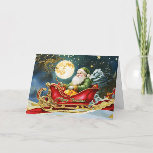 Vintager Weihnachtsmann in Sleigh, Vollmond, Stern Feiertagskarte